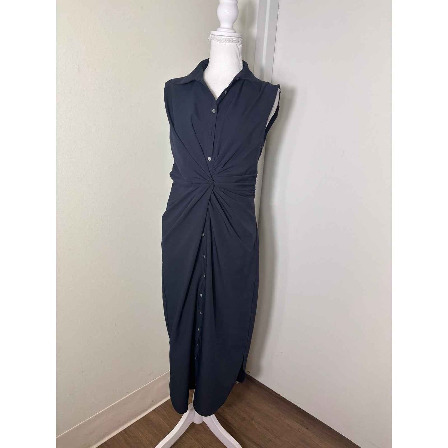Cinq a Cept Black Sleeveless Button Up Ruched Midi Dress Sz 6