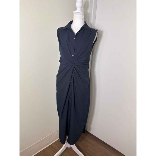 Cinq a Cept Black Sleeveless Button Up Ruched Midi Dress Sz 6