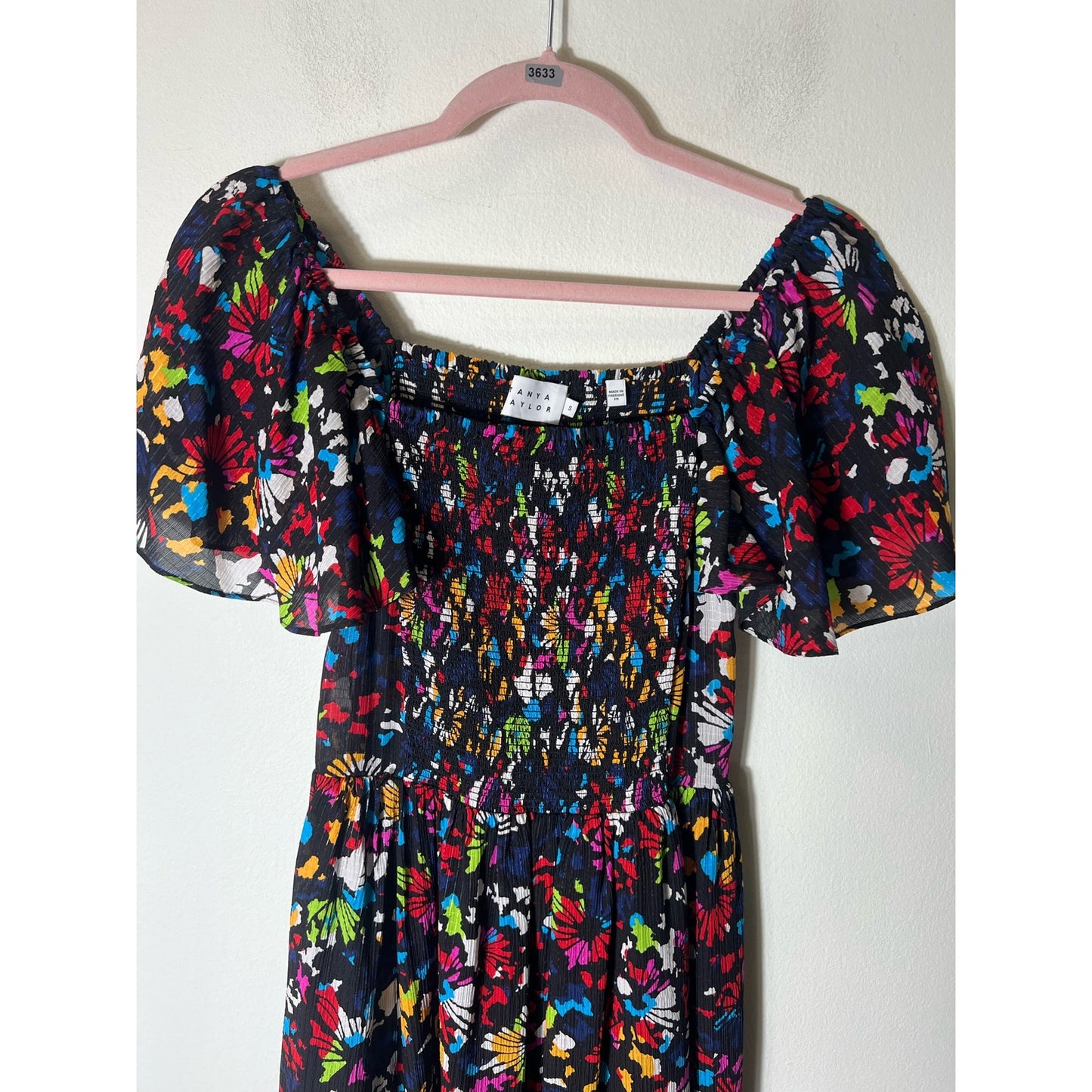Tanya Taylor Black & Multi Silk Smocked Bodice Ruffle Cap Sleeve Dress Sz S