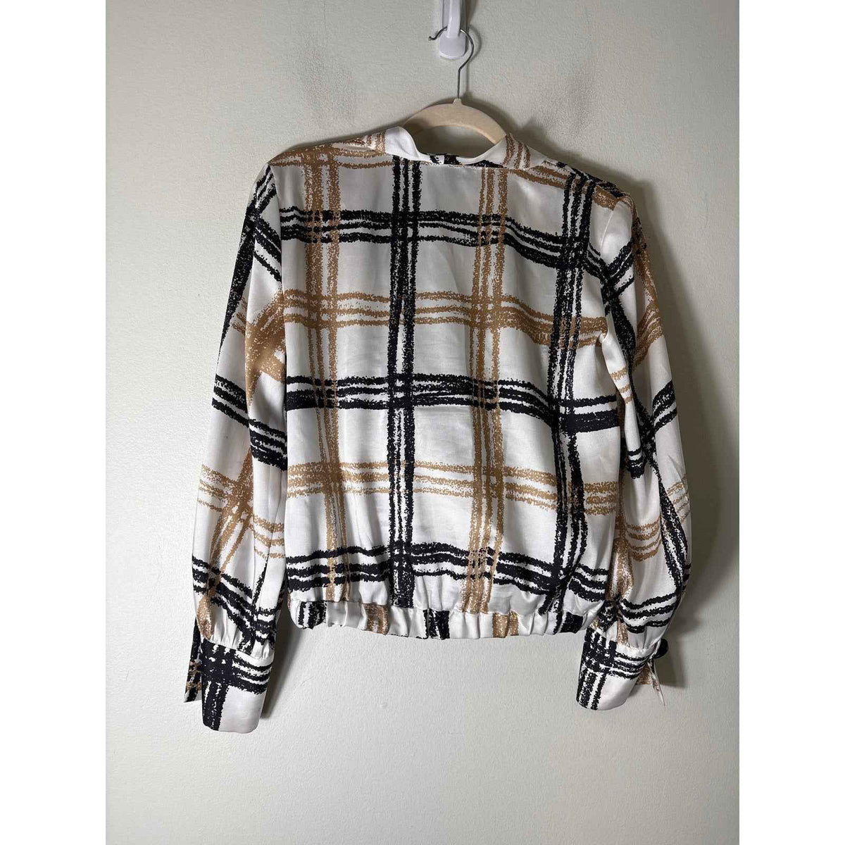 Zara Black and Tan Plaid Silky Blouse Sz XS