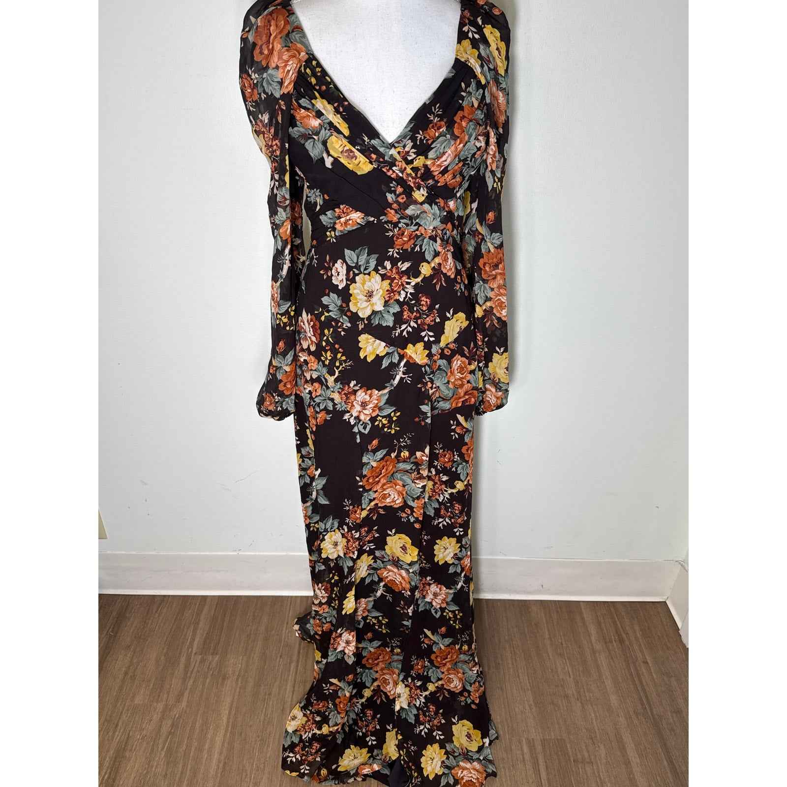 Veronica Beard Brown Floral Long Sleeve 100% Silk Maxi Dress Sz 4