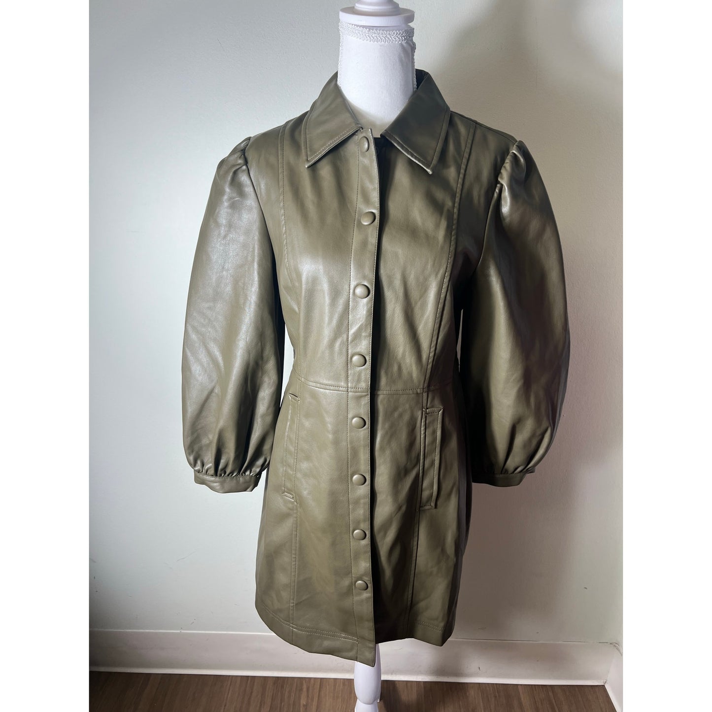 Top Shop Olive Green Faux Leather Long Sleeve Button Up Mini Dress Sz 8