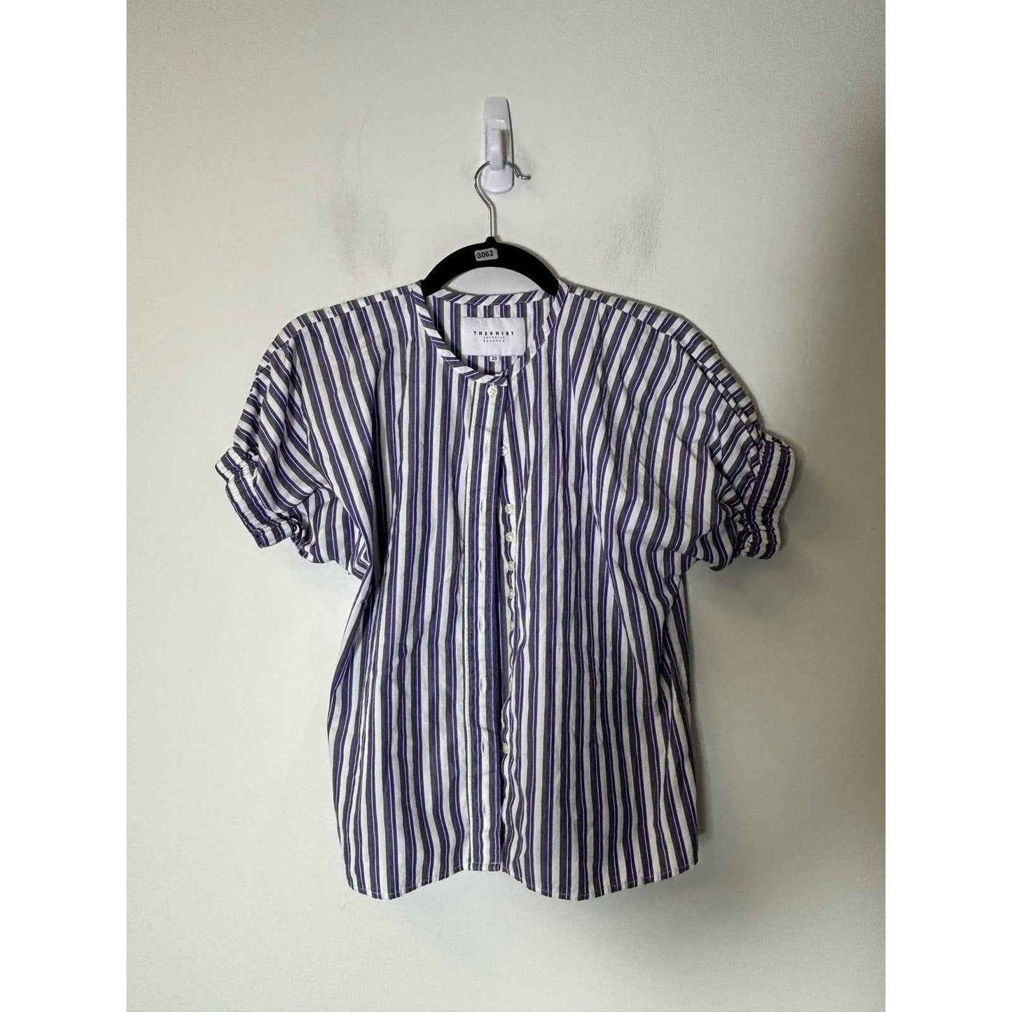 The Shirt Rochelle Behrens Purple Green Stripe Cotton Button Up Shirt Sz XS