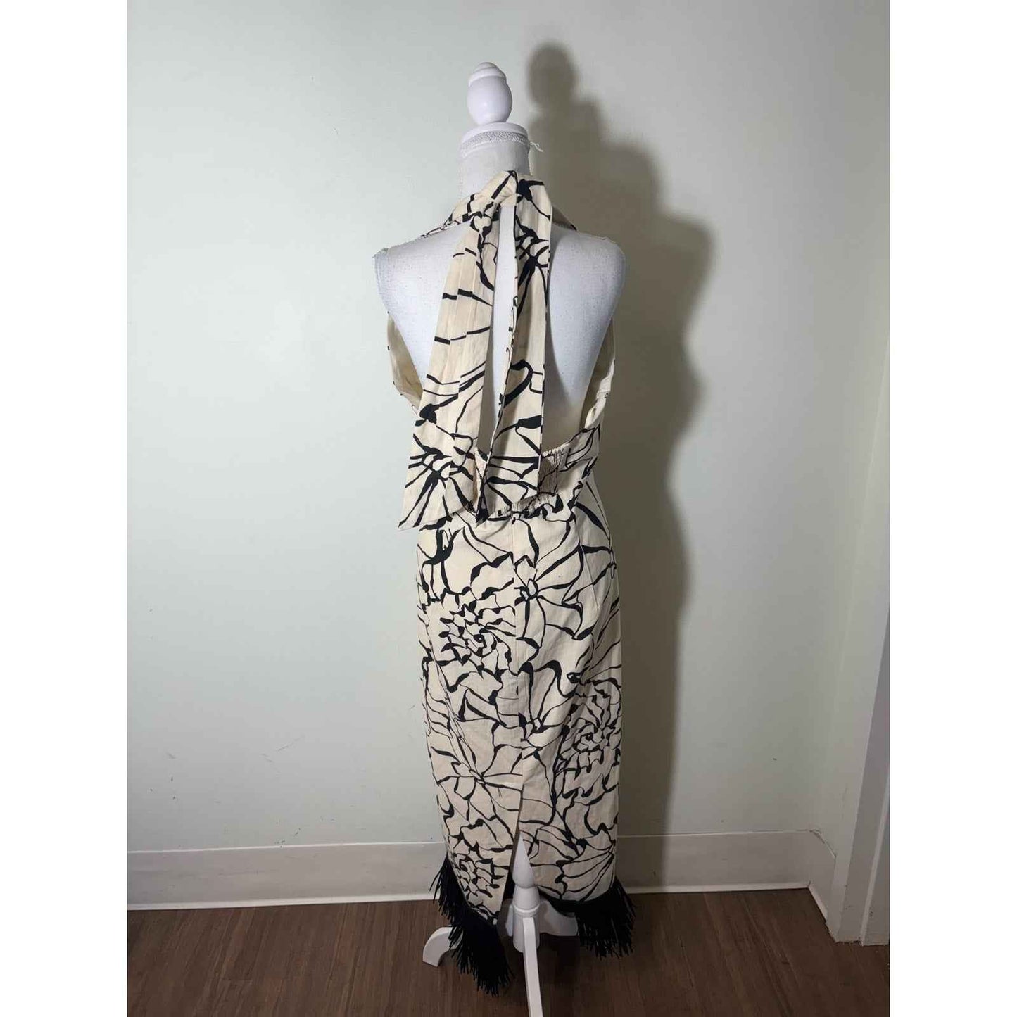 Antonio Melani Cream and Black Print Linen Blend Halter Special Occasion Dress Sz 12