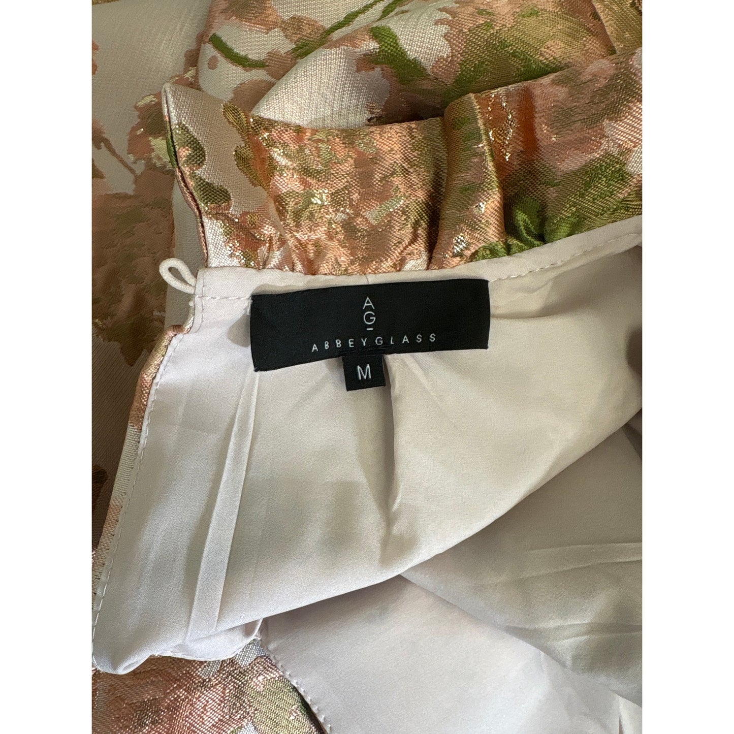 Abbeyglass Rose Pink and Green Floral Ruffle Neck Gown Sz M