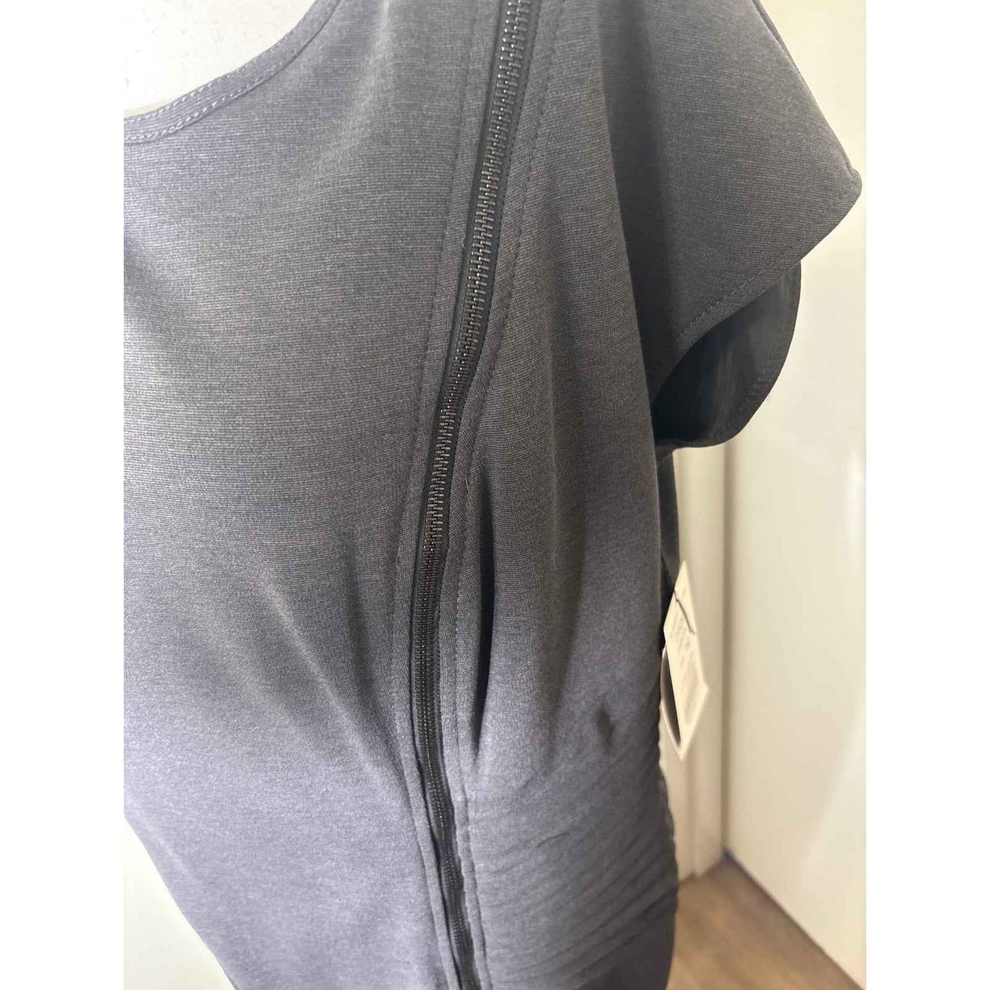 NWT Etcetera Dark Gray Sleeveless Zip Up Pleated Midi Sheath Dress Sz 14
