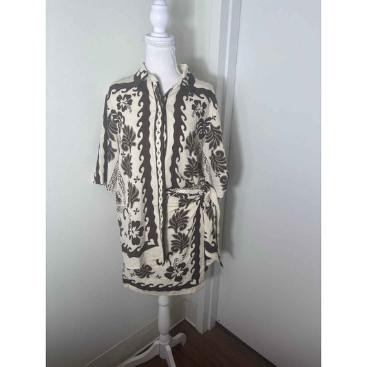 NWT Commense Off White Brown Mini Skirt Set with Half Sleeve Button Up Top Sz M
