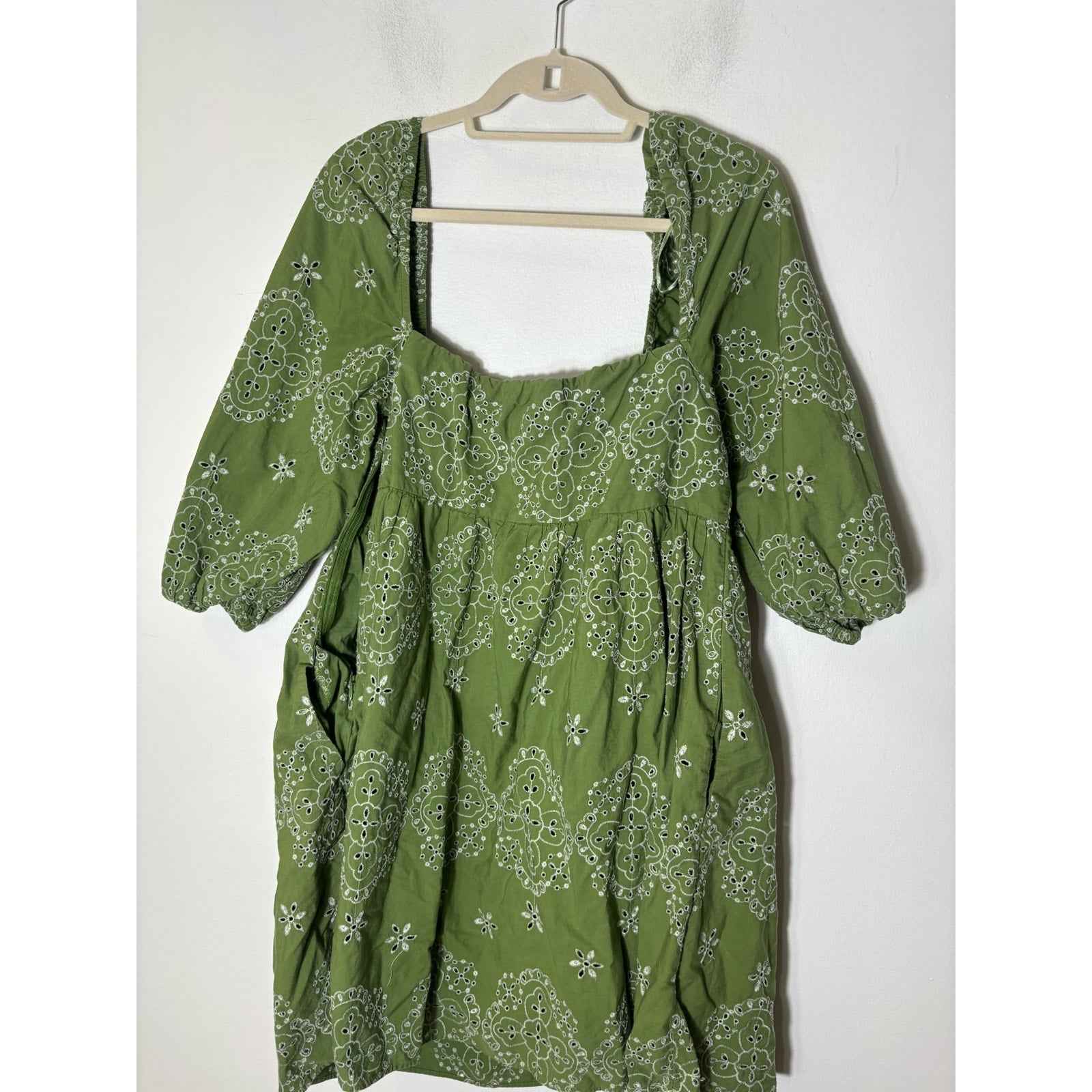 Zara Green Eyelet 3/4 Puff Sleeve Mini Dress Sz XL