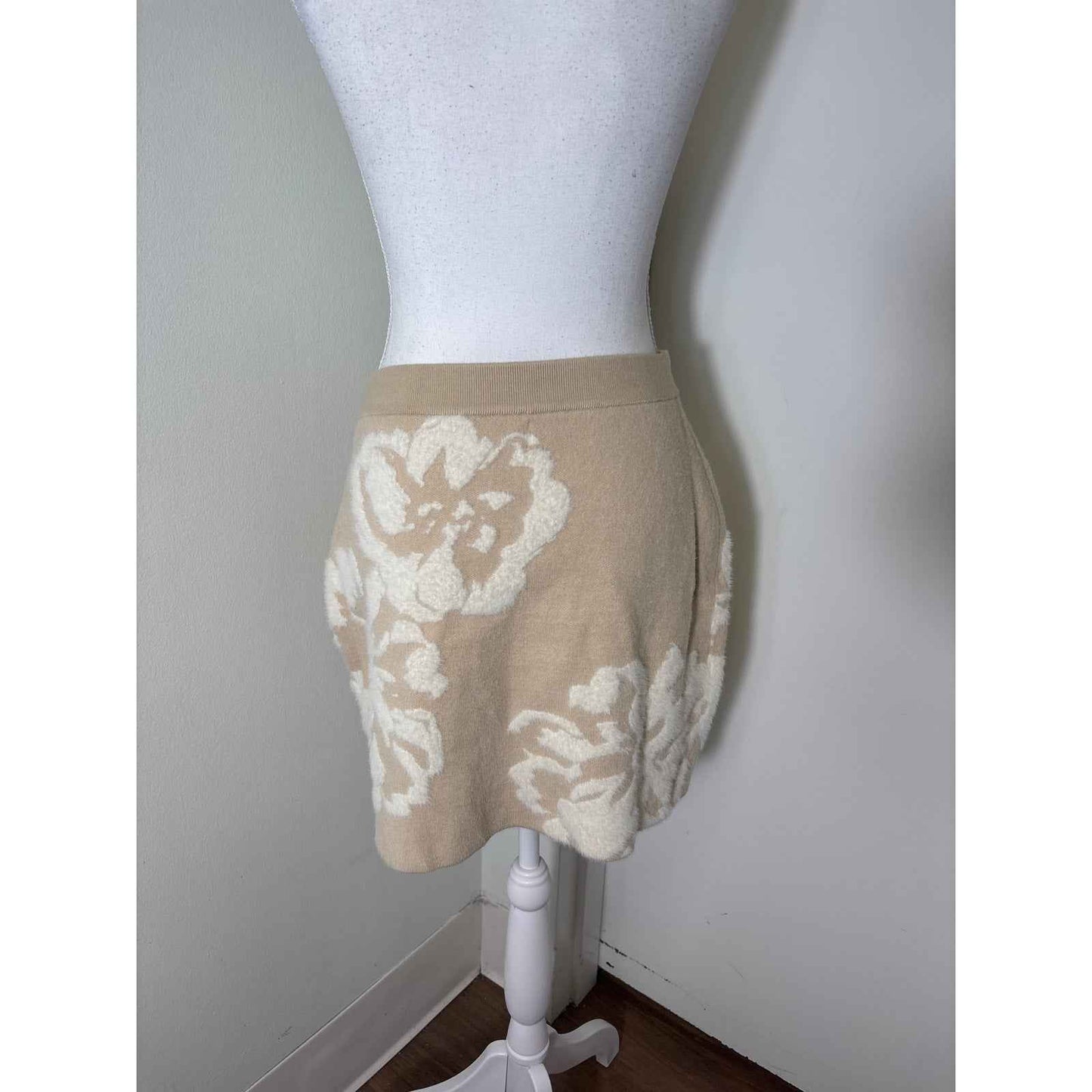 by Anthropologie Beige and Cream Long Sleeve Oversized Sweater + Skirt Set Sz M