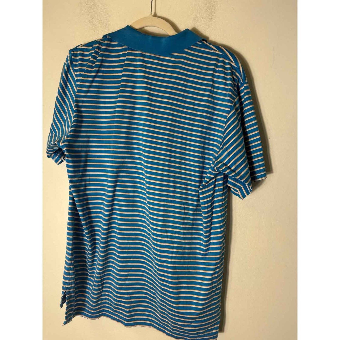 Peter Millar Blue White Gold Stripe Short Sleeve Performance Golf Shirt Sz M