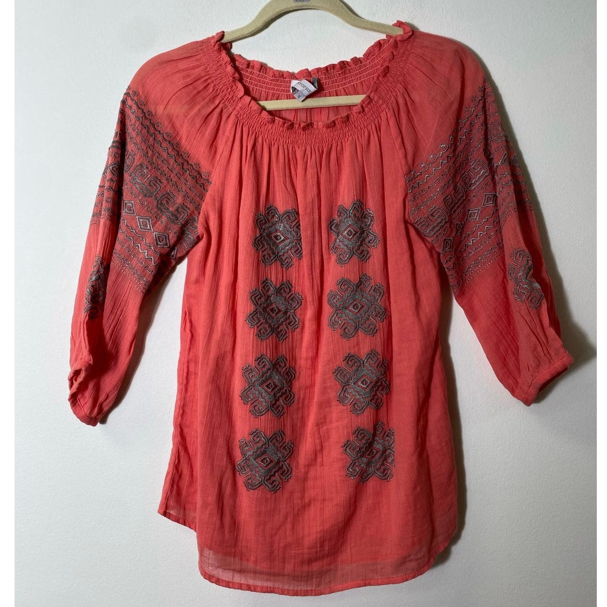 Christophe Sauvat Elastic Embroidered 3/4 Sleeve Blouse Sz S