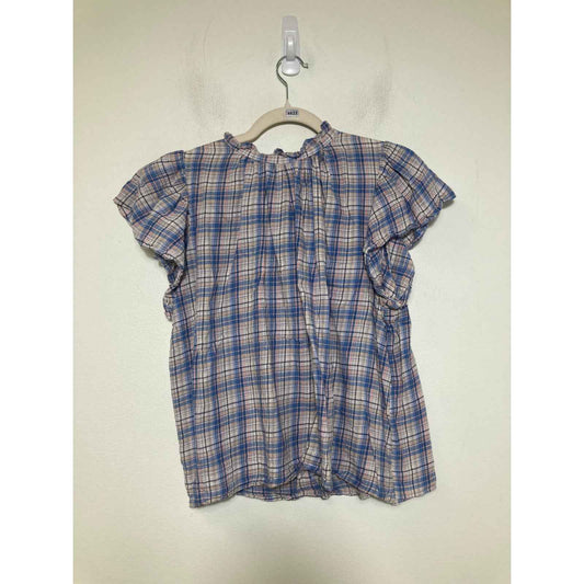 Birds of Paradise Blue Plaid Flutter Sleeve Flannel Top Sz S