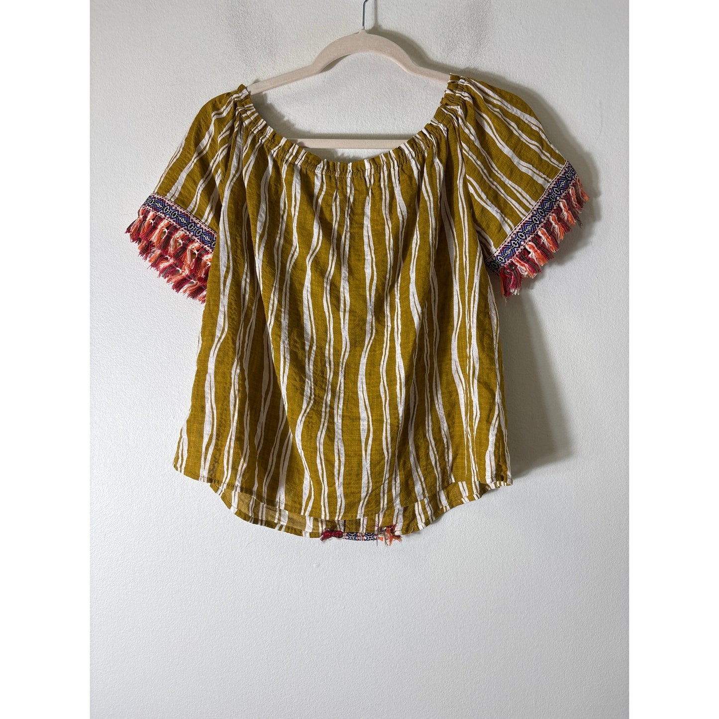 Alter'd State Chartreuse Stripe Short Sleeve Fringed Cotton Top Sz S