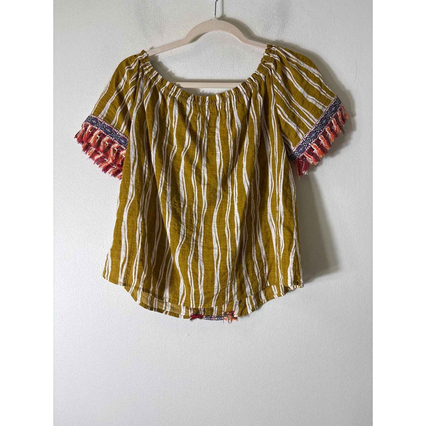Alter'd State Chartreuse Stripe Short Sleeve Fringed Cotton Top Sz S