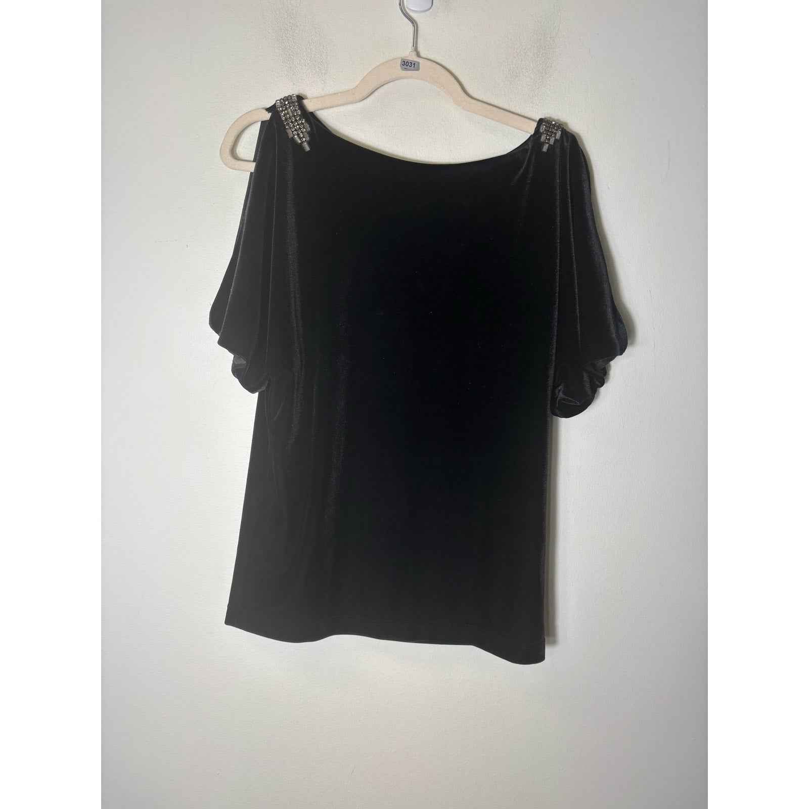 Adrianna Papell Evening Essentials Black Velour Cold Shoulder Half Sleeve Top Sz S