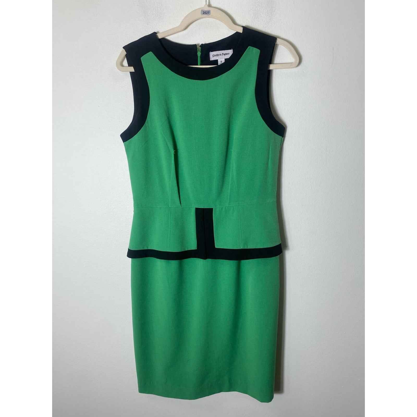 Shelby & Palmer Green Black Border Peplum Sleeveless Dress Sz 8