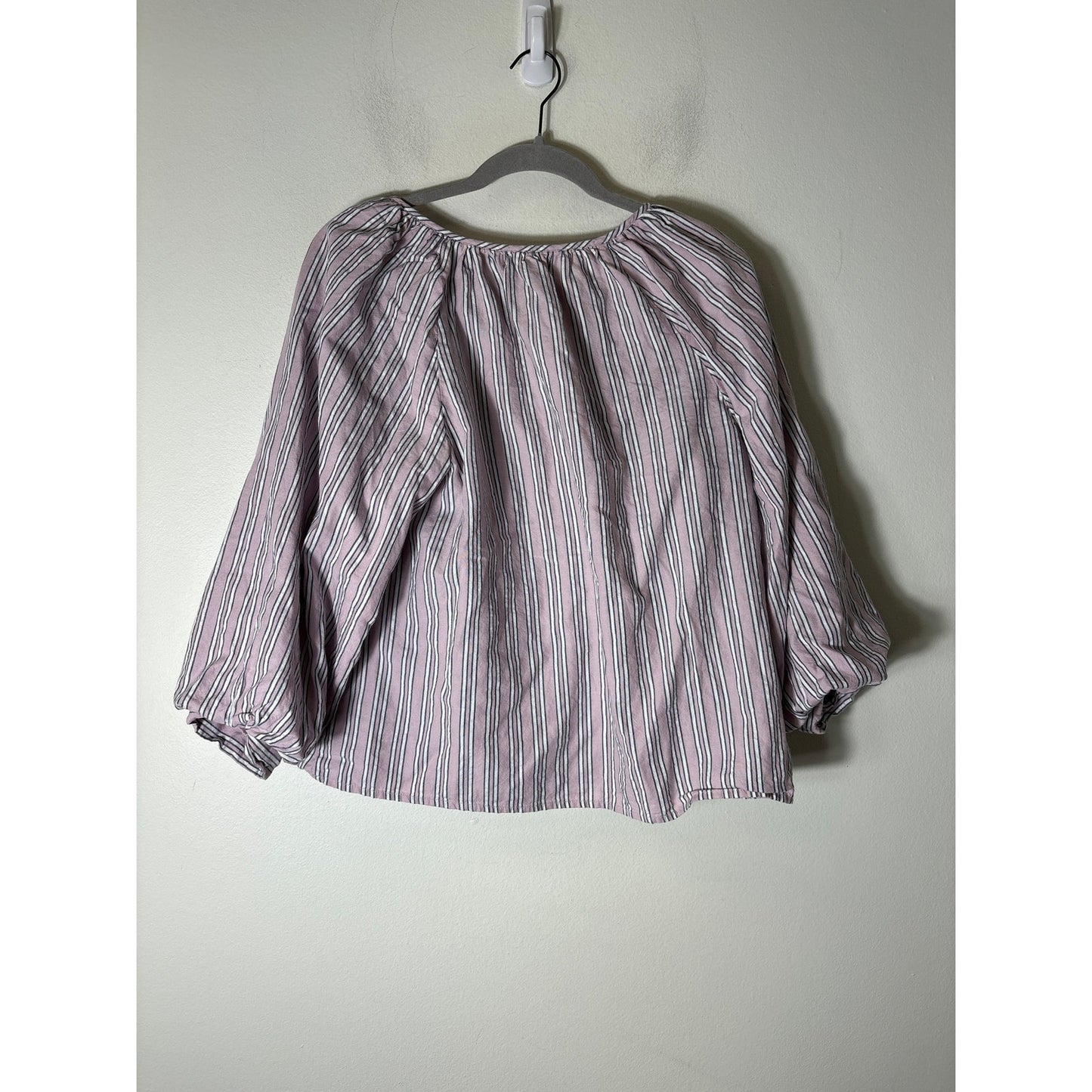 Michael Stars Pink Stripe Long Puff sleeve Cotton V-Neck Shirt Sz M