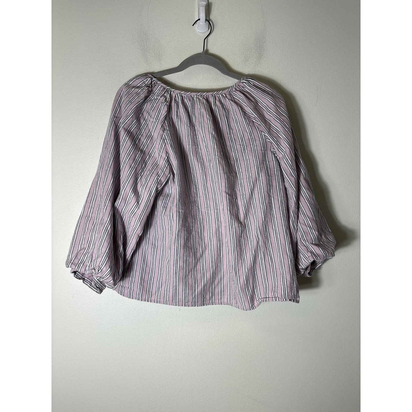 Michael Stars Pink Stripe Long Puff sleeve Cotton V-Neck Shirt Sz M