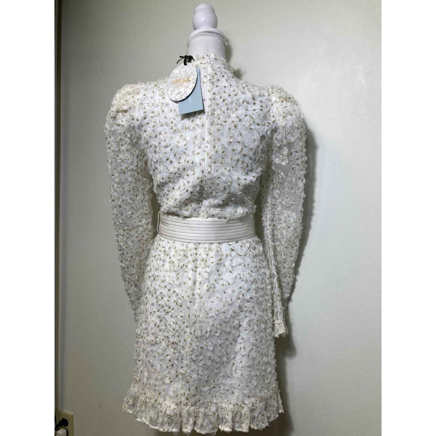 NWT Antonio Melani White Gold Long Sleeve Lace High Collar Cocktail Dress Sz 0