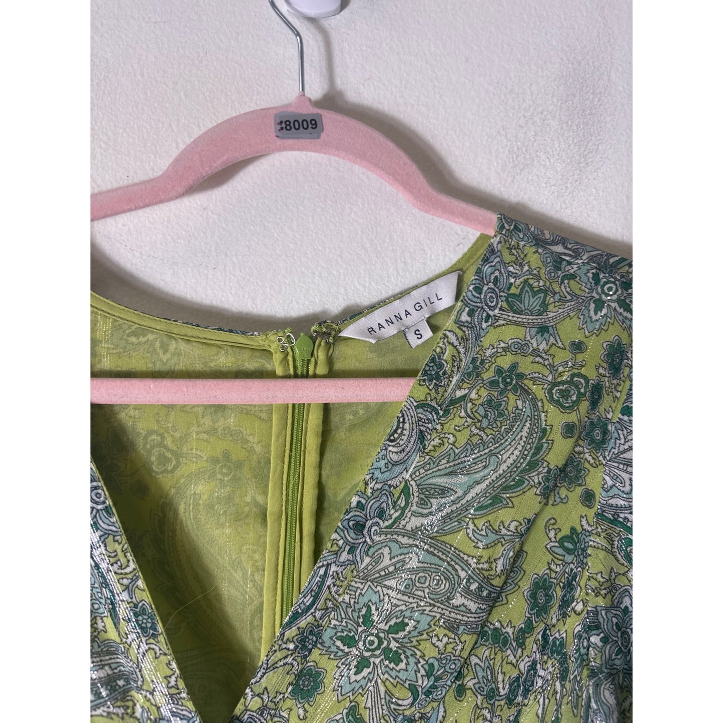 Ranna Gill Green Paisley With Silver Thread Maxi Dress Sz S