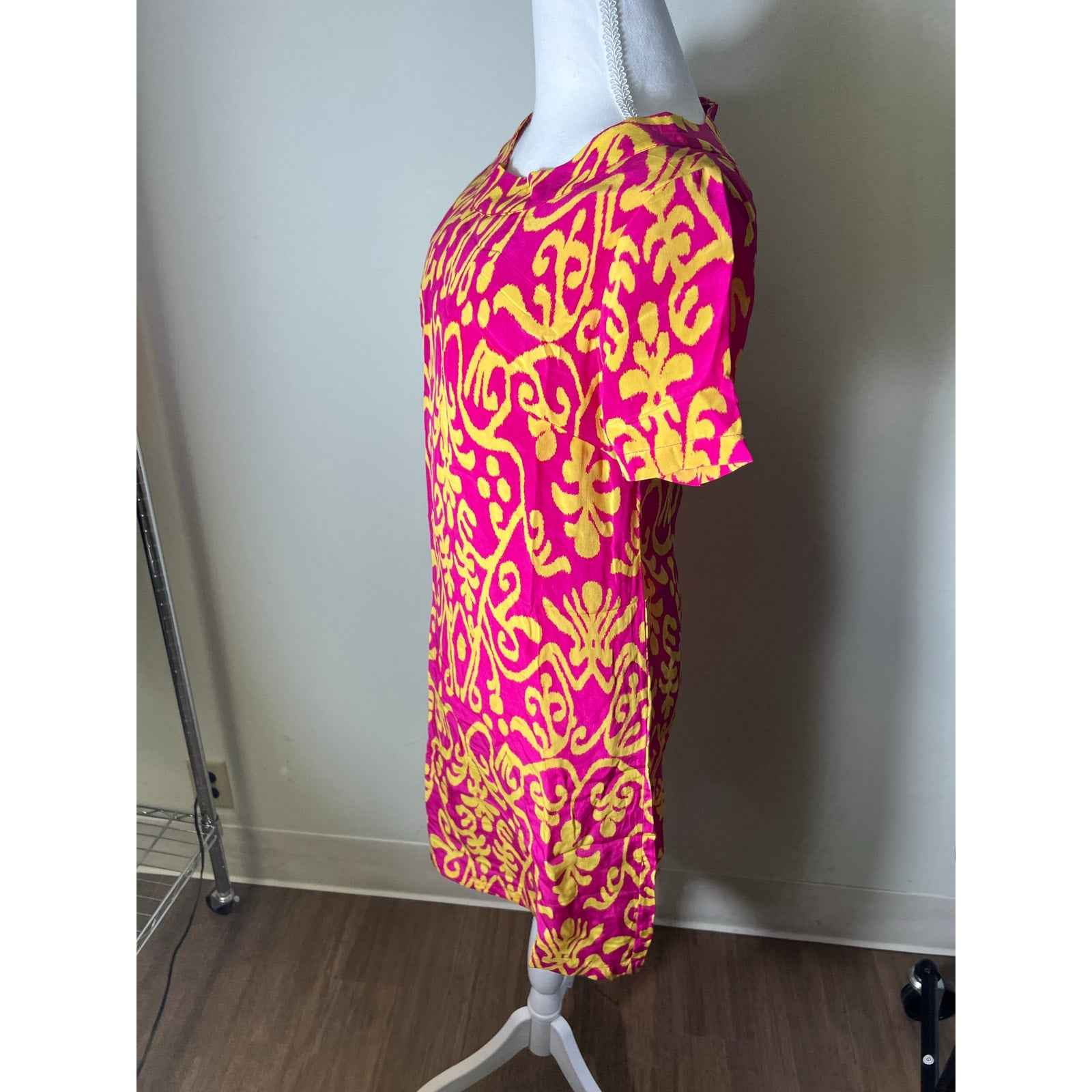 NWT Sherican French Hot Pink Yellow Short Sleeve Knee Length Shift Dress Sz 6