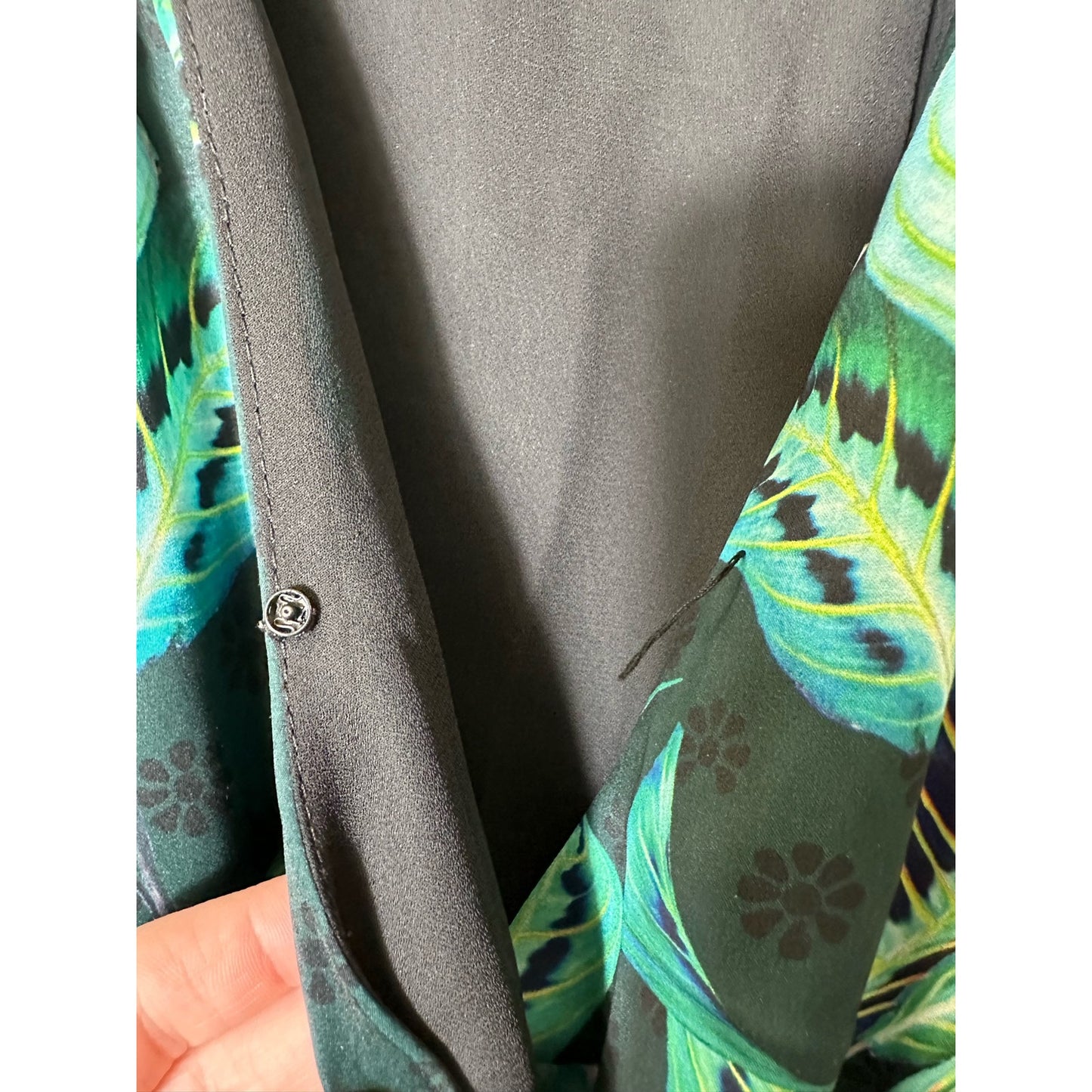 Adelyn Rae Green Leaf Pattern Satin Belted Romper Sz XS