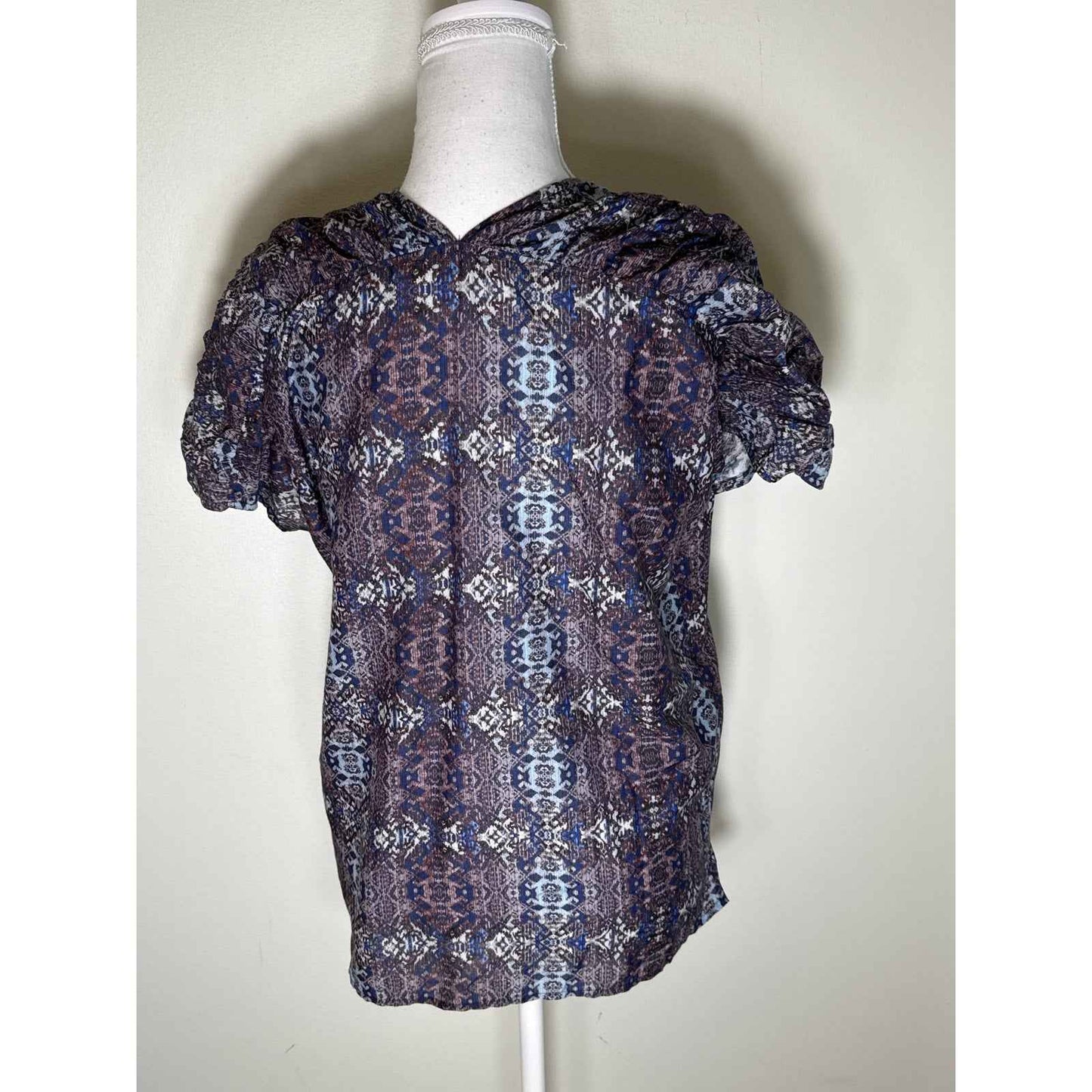 Billy Reid Blue Cap Sleeve Button Up V-Neck Shirt Sz S