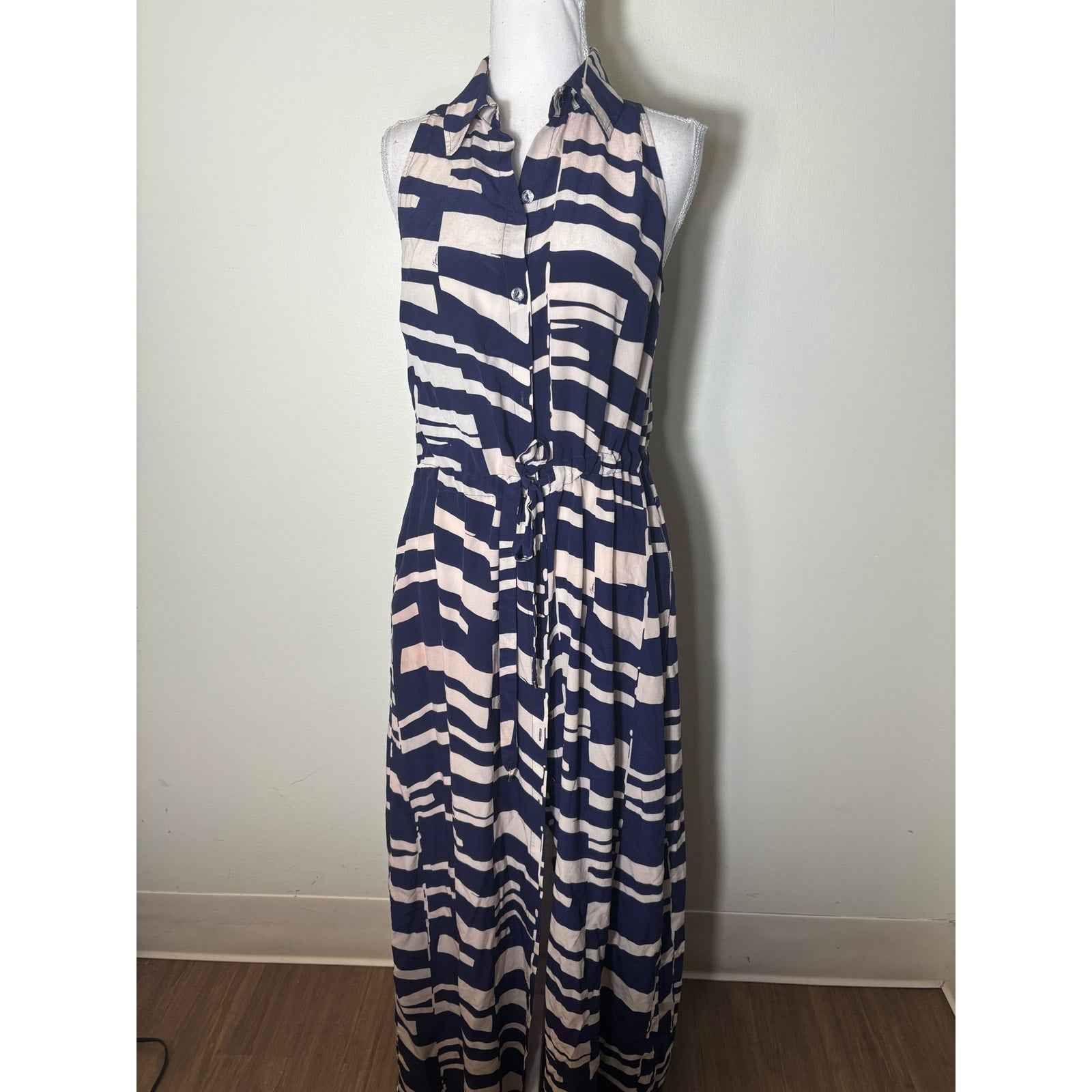 Trina Turk Navy Blue and White Print Silk Sleeveless Maxi Dress sz M