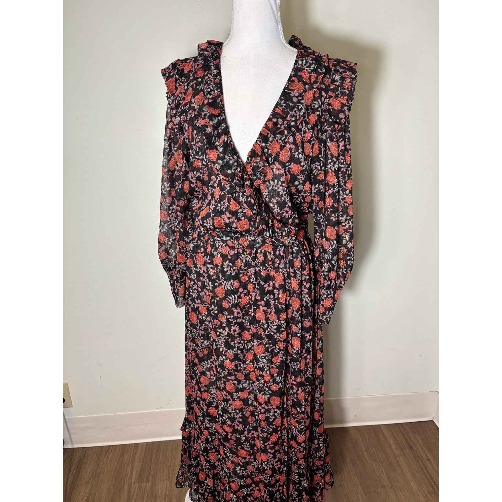 Misa Black & Orange Floral W/ Gold Thread Maxi Dress Sz M