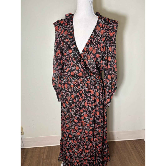 Misa Black & Orange Floral W/ Gold Thread Maxi Dress Sz M