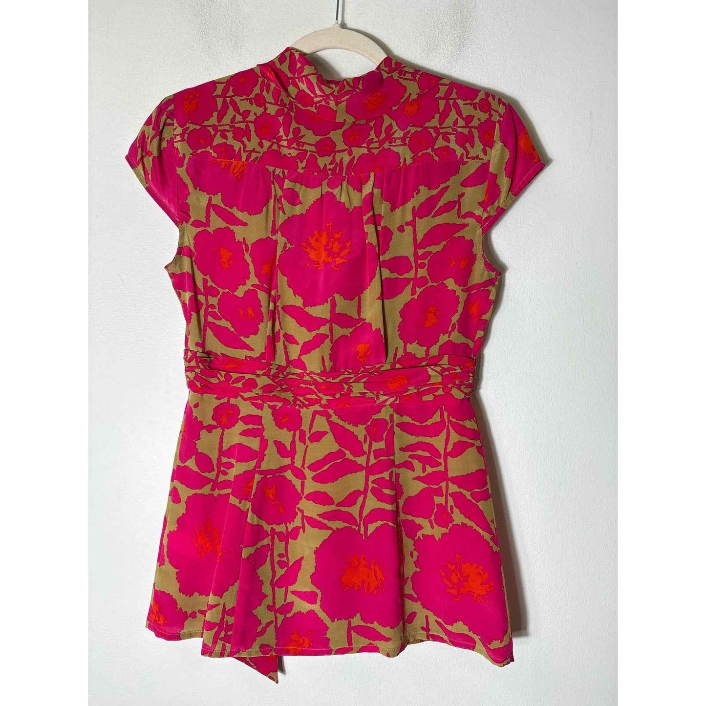 Nanette Lepore Hot Pink Floral Cap Sleeve Silk Wrap Top Sz 4