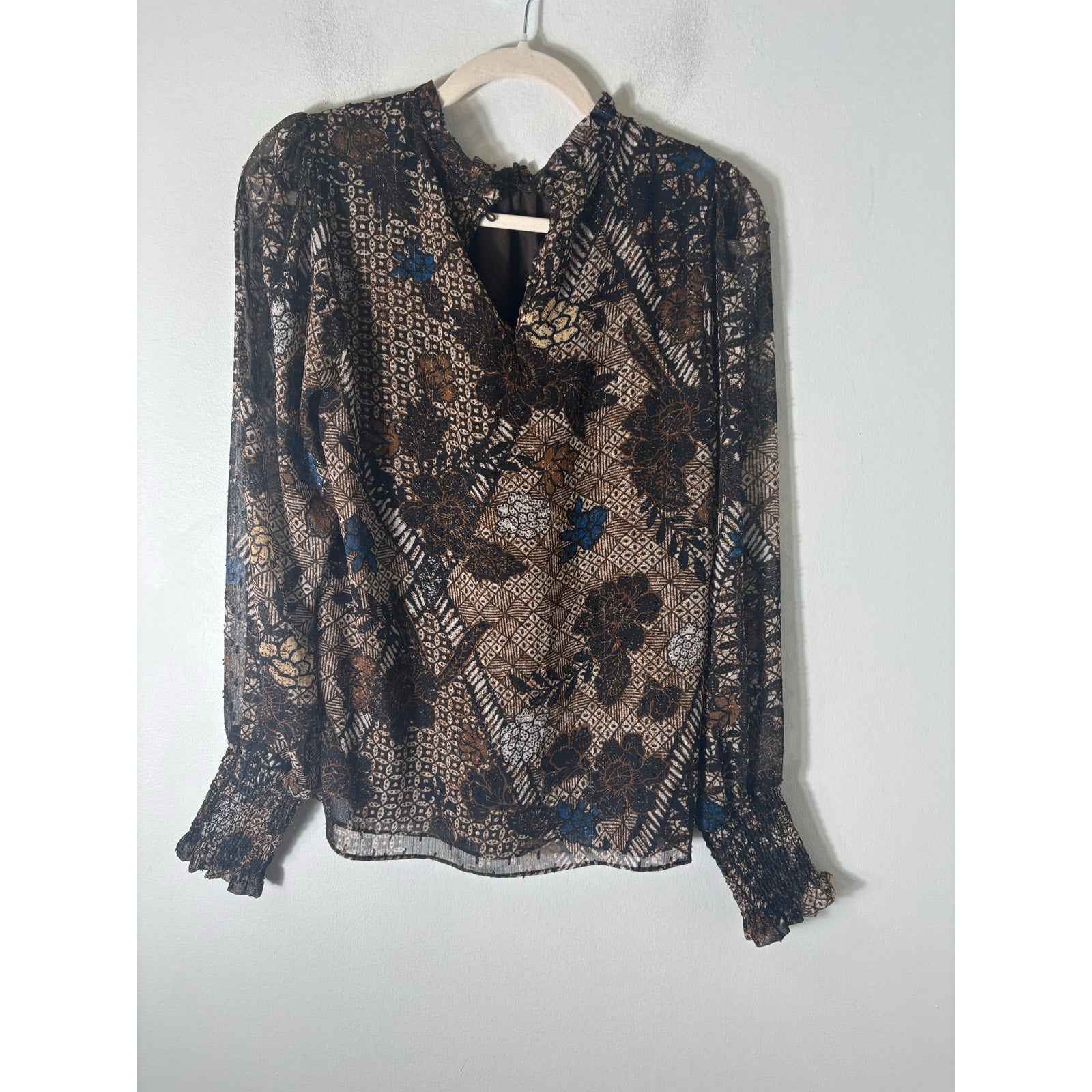 Joi Brown Floral Long Sleeve Shirt Sz XS