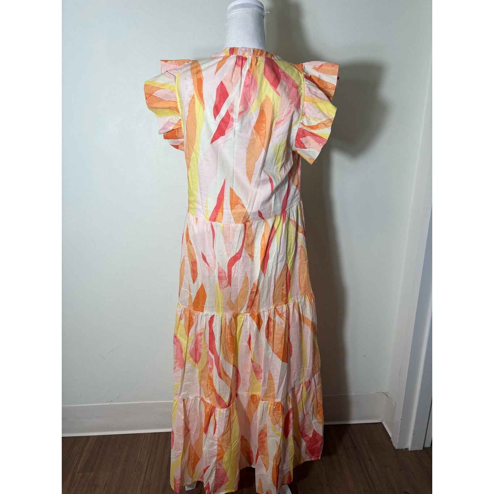Elan Pink Orange Flutter Sleeve Tiered Cotton Maxi Dress Sz M