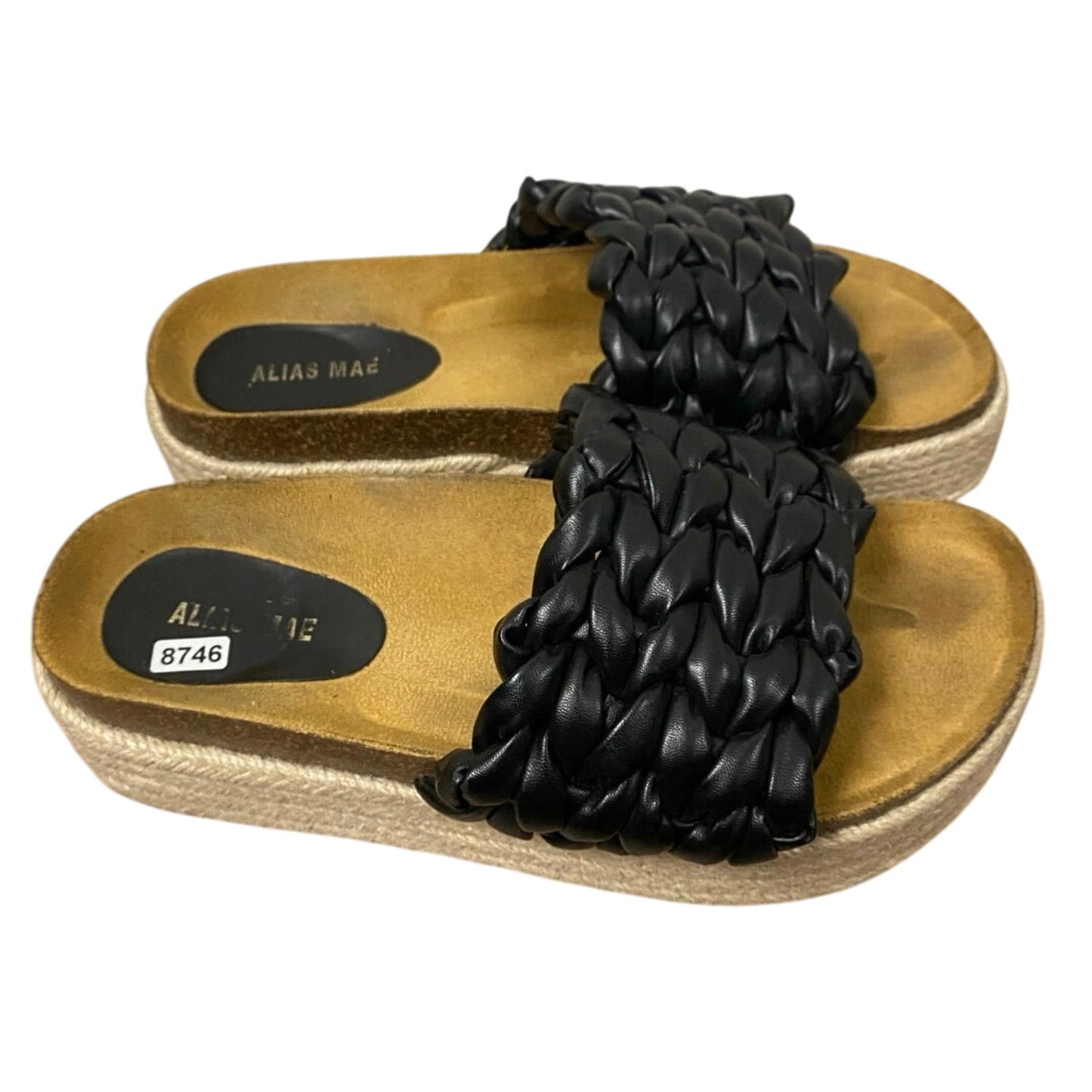 Alias Mae Black Braided Leather Stacked Slides Sz 8.5