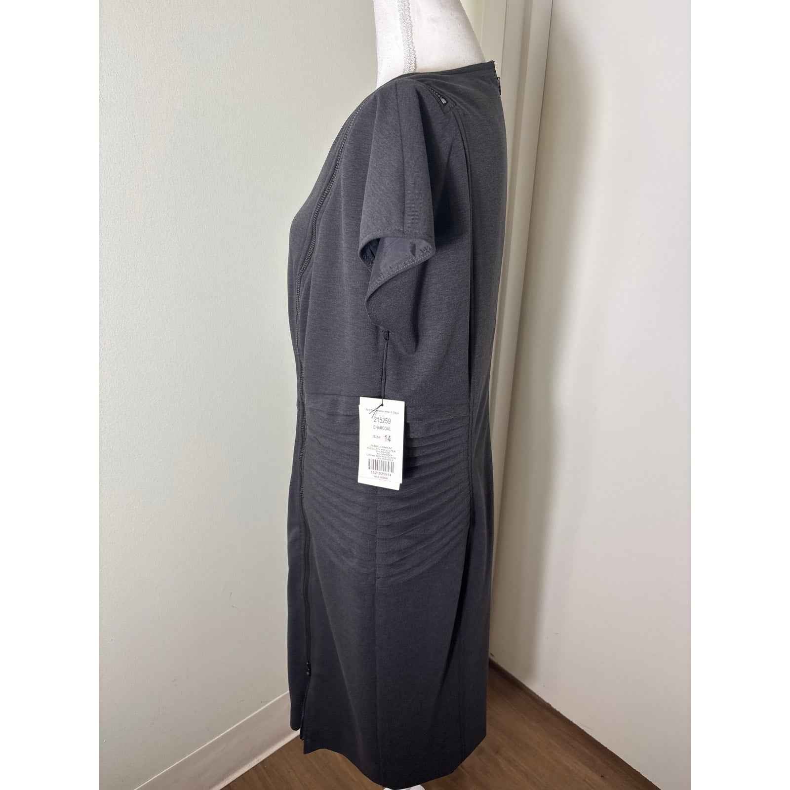 NWT Etcetera Dark Gray Sleeveless Zip Up Pleated Midi Sheath Dress Sz 14