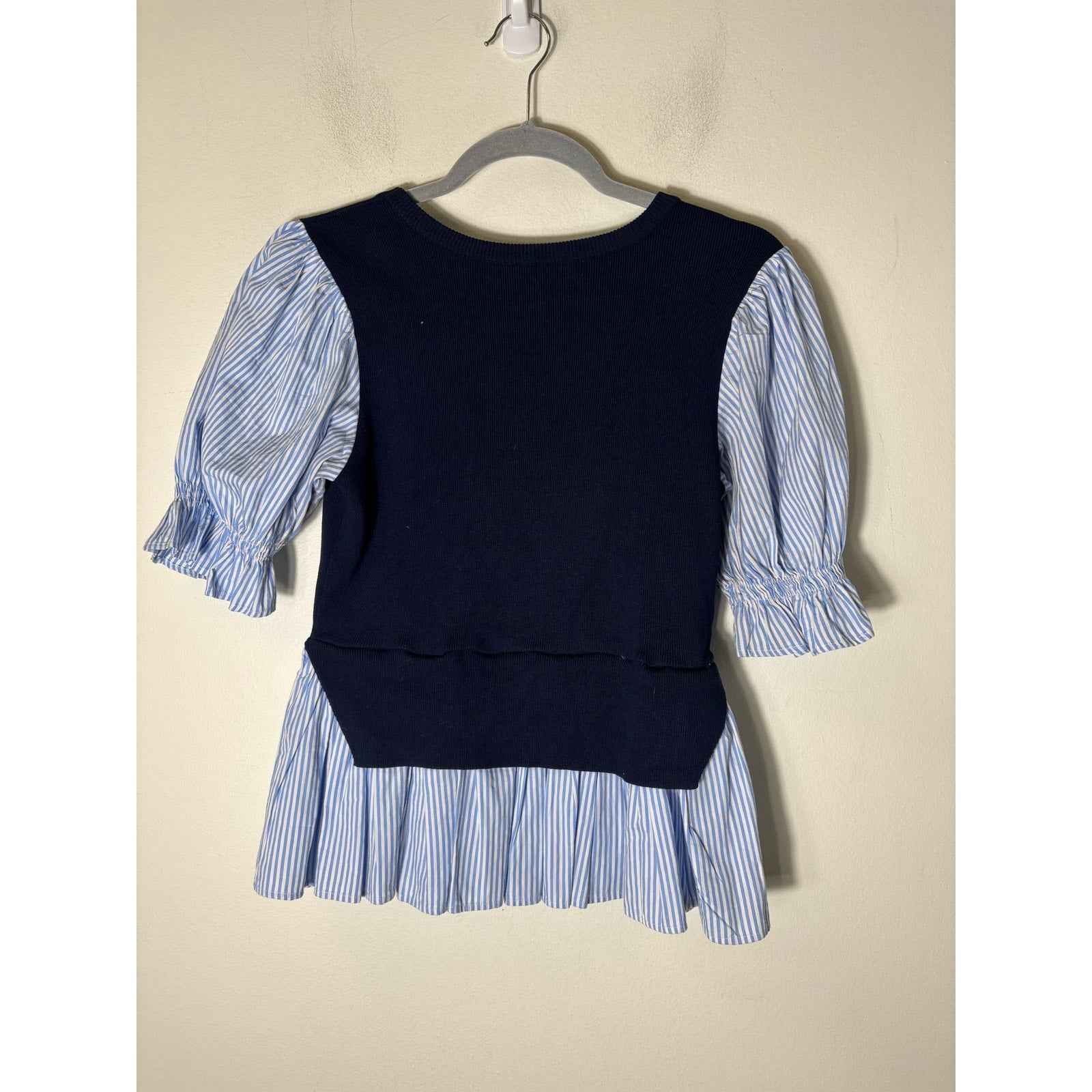 English Factory Blue Mixed Media Layered Sweater with Light Blue Pin Stripe S XS