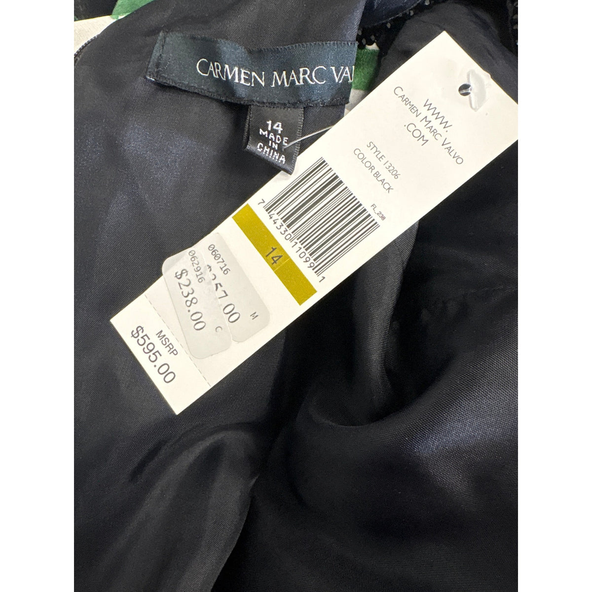 NWT Carmen Marc Valvo Green and Black Floral Knee Length Cocktail Dress Sz 14