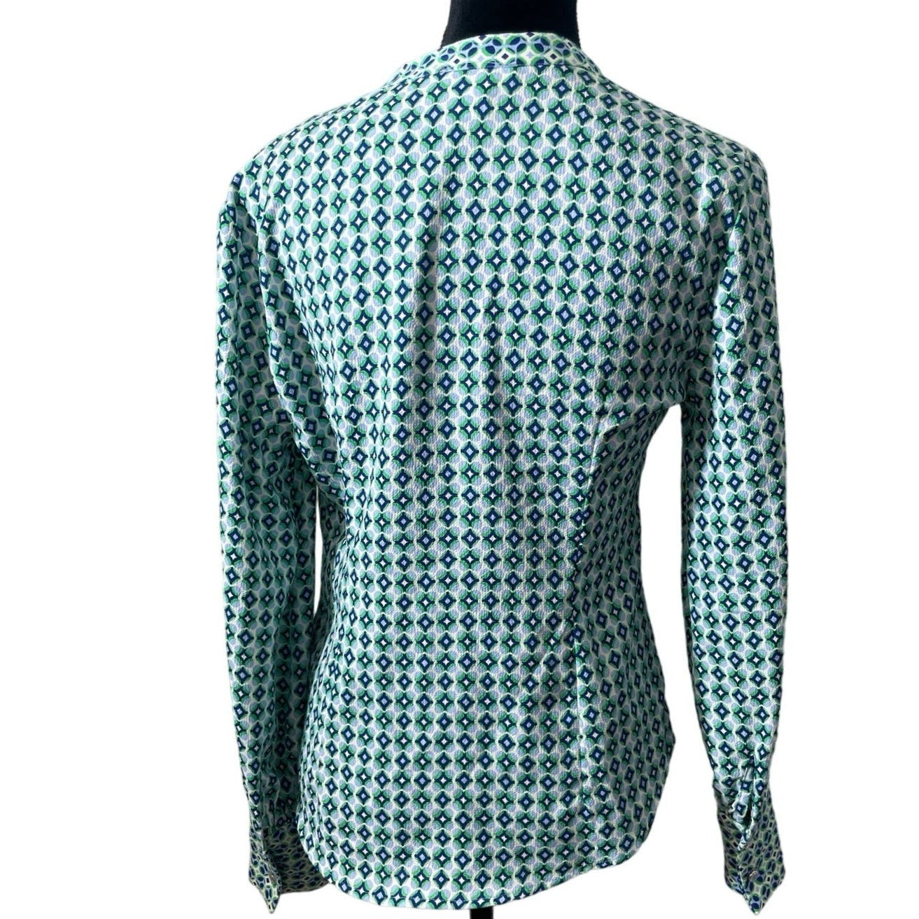 Carolina Belle Montreal Green and Blue Printed Button Down Blouse Sz S