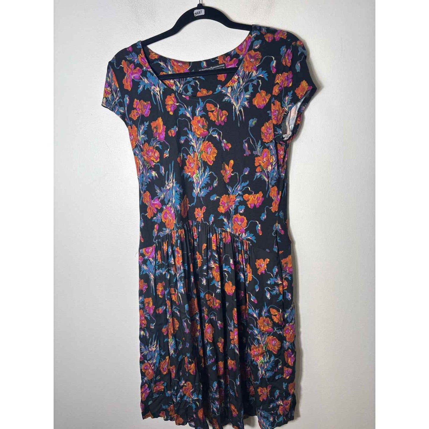 Peruvian Connection Black with Orange Florals Dress Sz M