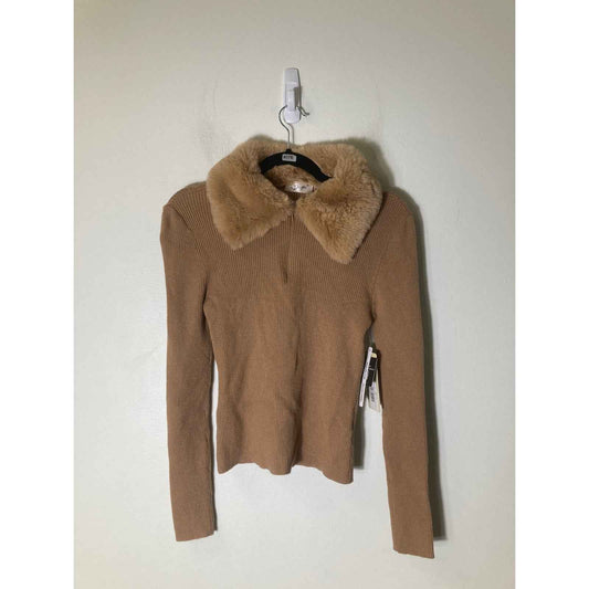 NWT RD Style Tan Long sleeve Ribbed Shirt with Faux Fur Collar Sz M