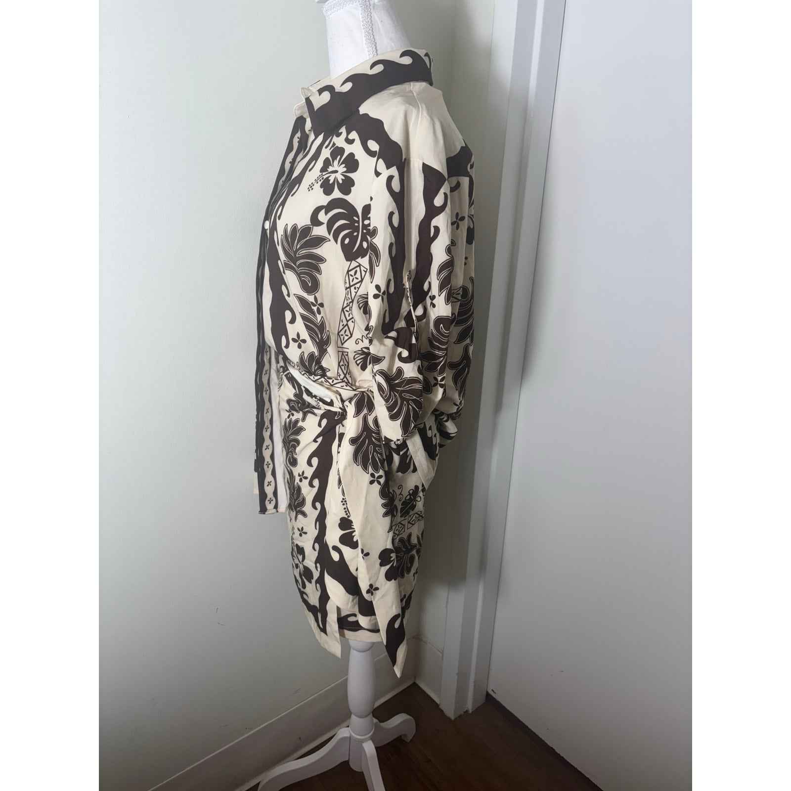 NWT Commense Off White Brown Mini Skirt Set with Half Sleeve Button Up Top Sz M