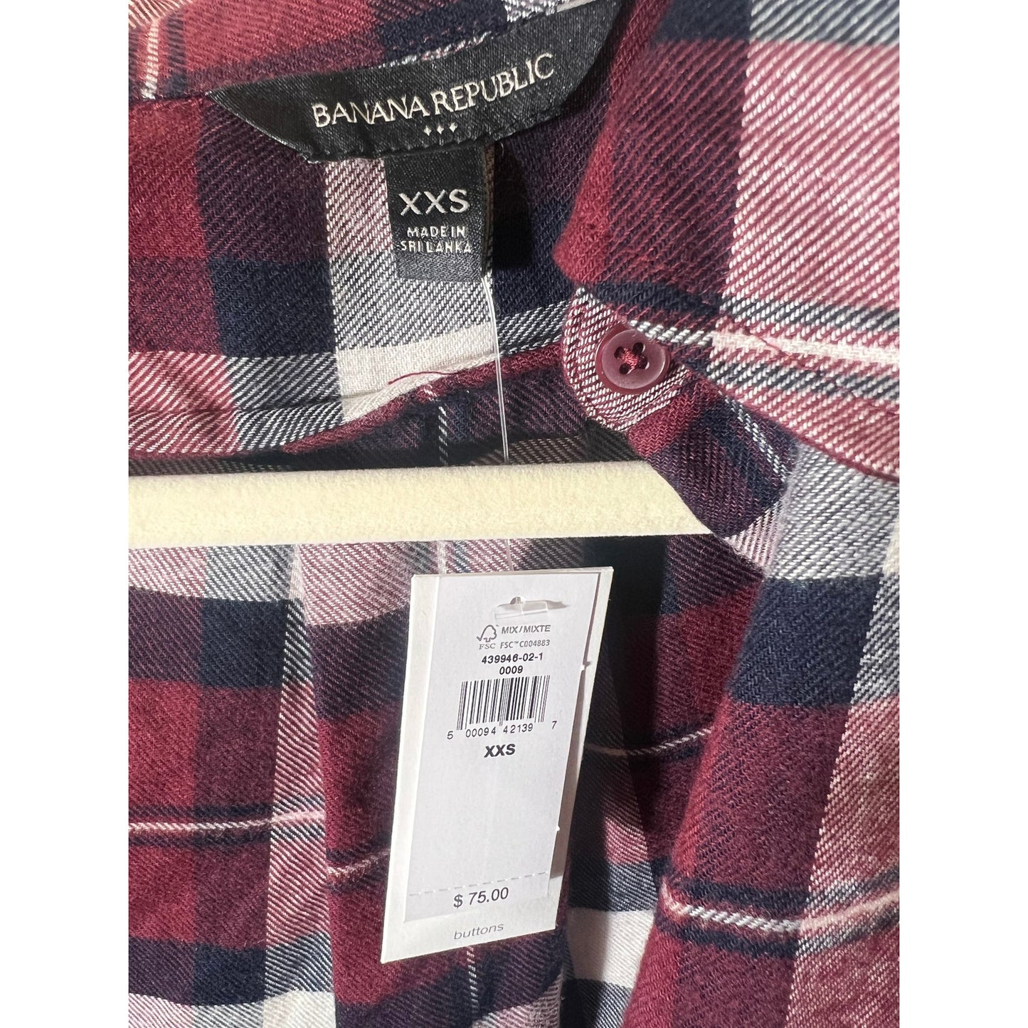 NWT Banana Republic Red Navy Long Sleeve Plaid Button Up Sz XXS