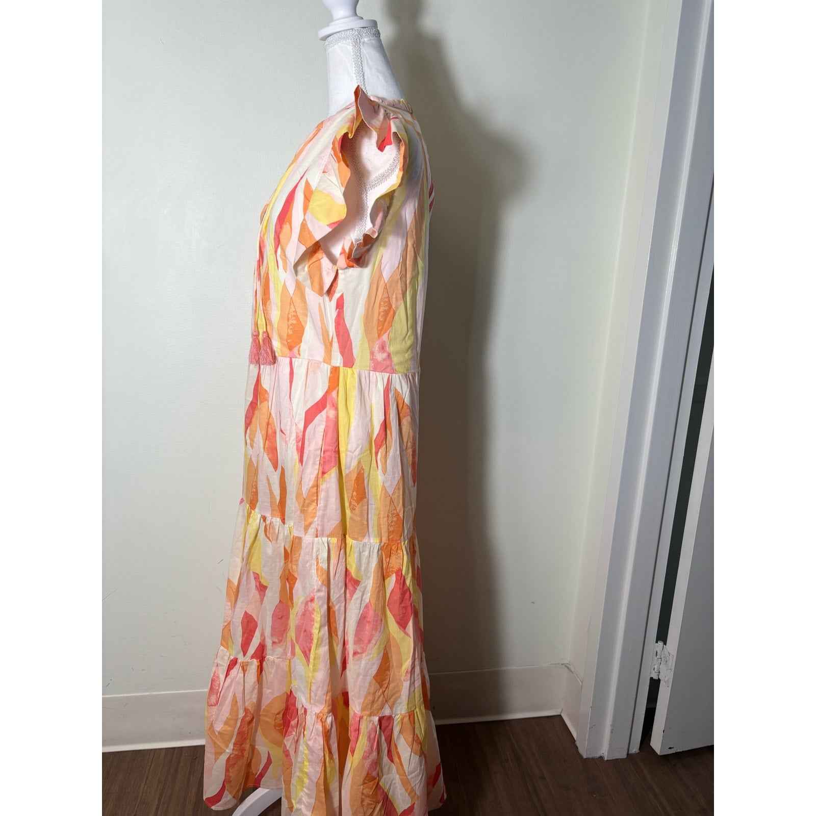 Elan Pink Orange Flutter Sleeve Tiered Cotton Maxi Dress Sz M