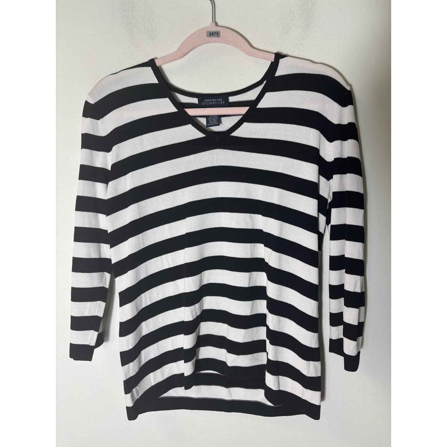 Jones New York Signature Black White Stripe 3/4 Sleeve V-Neck Shirt Sz L