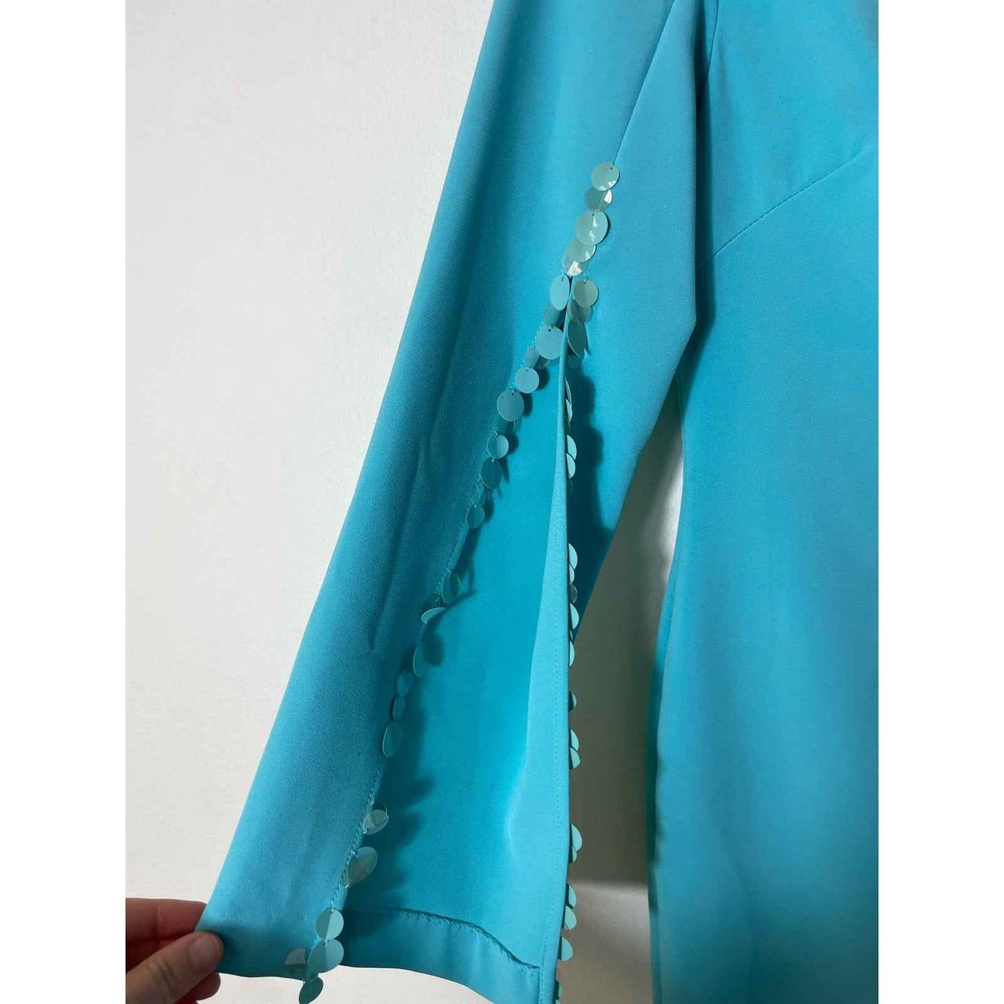 Alberto Makali Teal Knee Length Dress With Sequined Slit Sleeves Sz 2