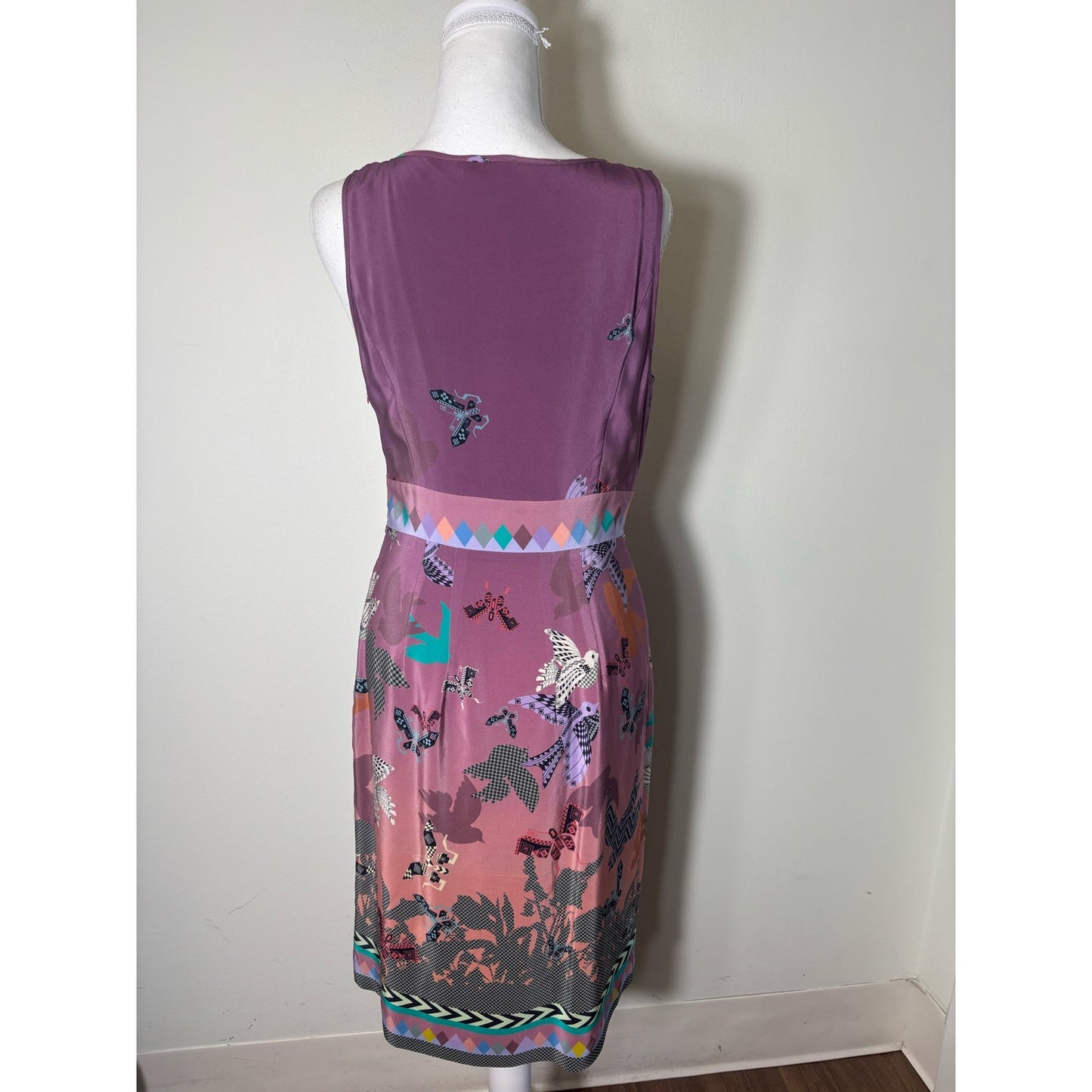 Anthropologie HeyHoe Purple Pink Bird Print Sleeveless Silk Sheath Dress Sz 4