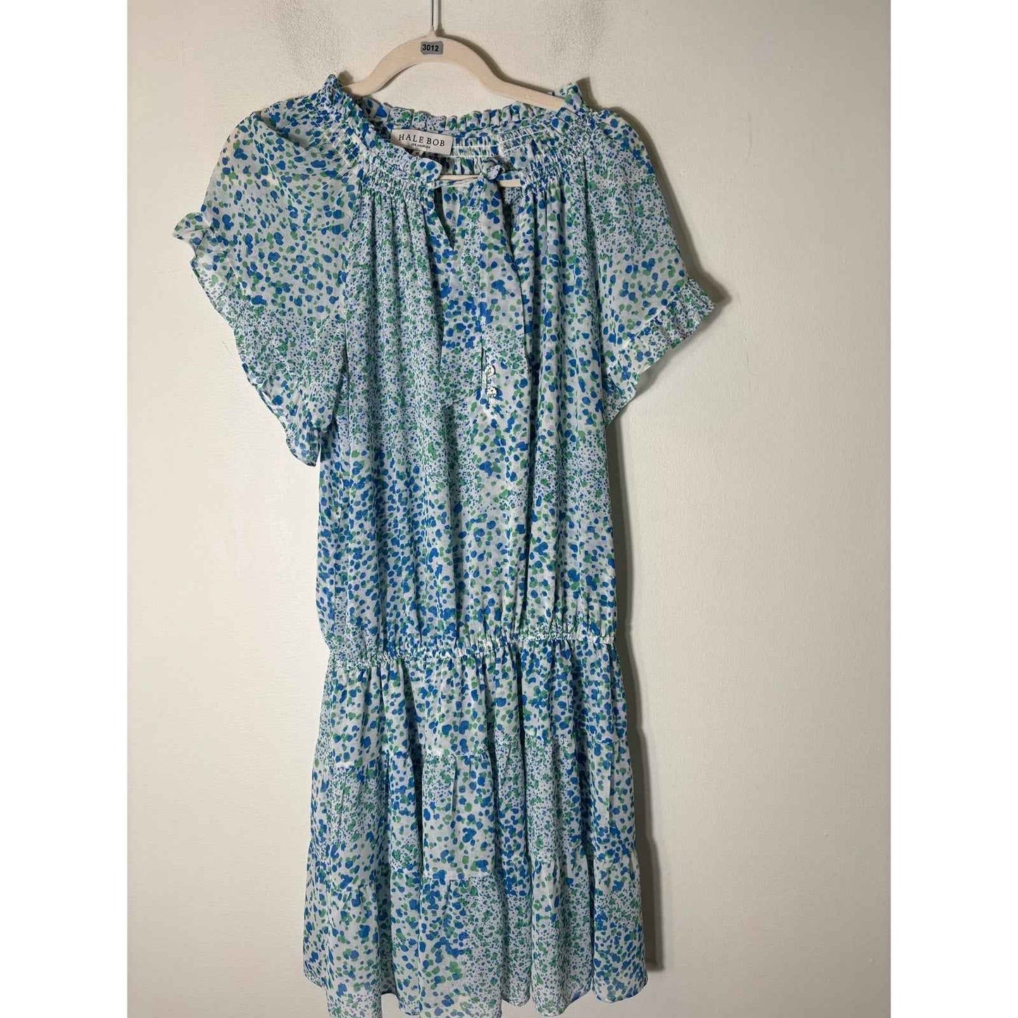 Hale Bob Green Blue Print Flutter Sleeve Mini Dress Sz M