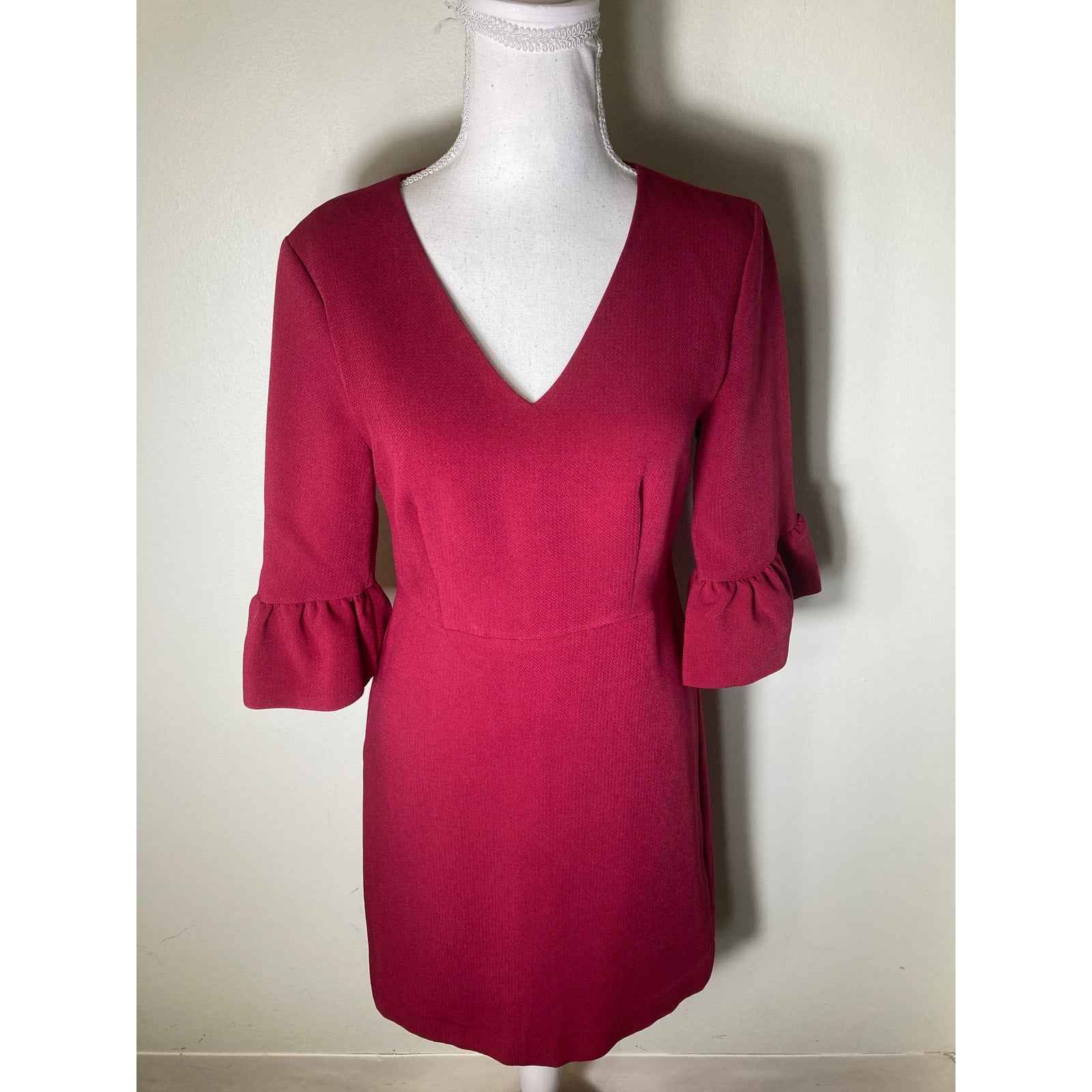 Draper James Dark Red 3/4 Sleeve V-Neck Back Zip Knee Length Dress Sz 2