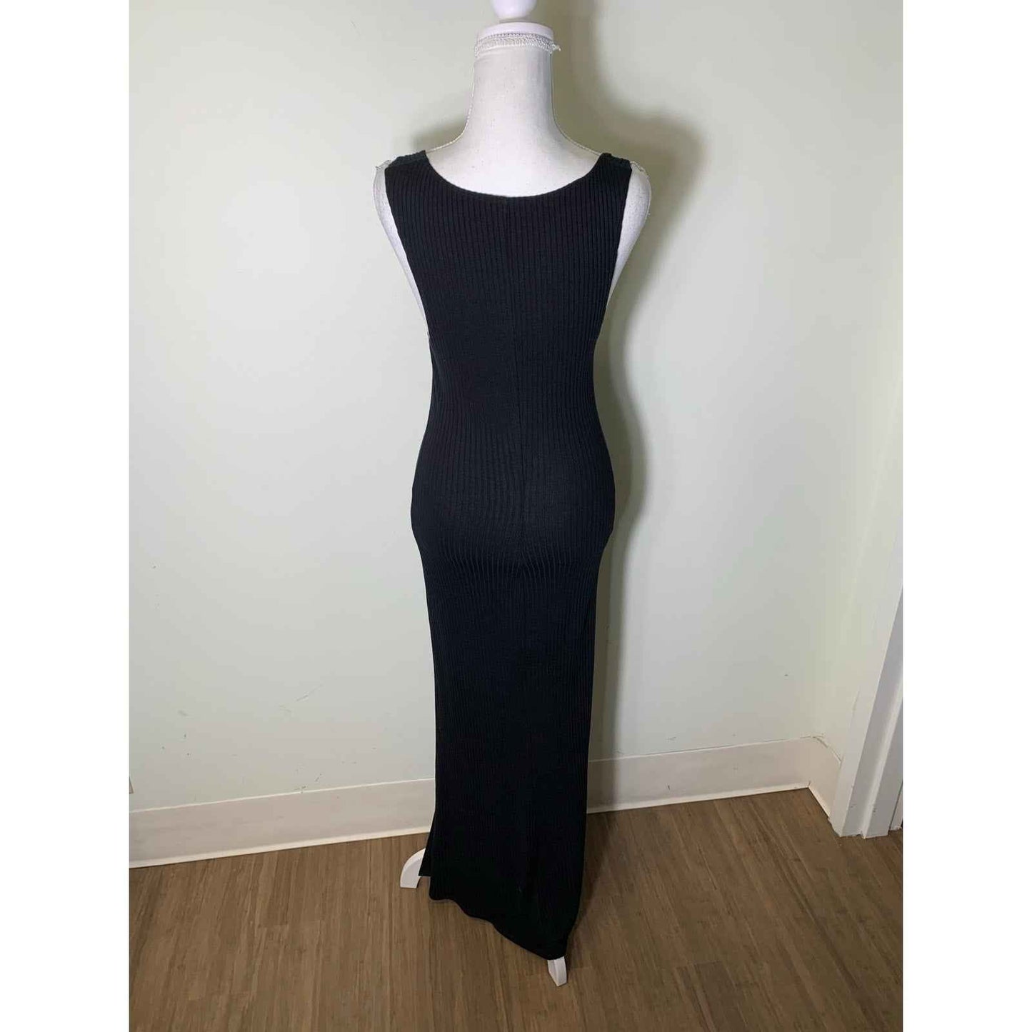 Reformation Black Sleeveless Ribbed Maxi Sheath Dress with Front Slit Sz XS