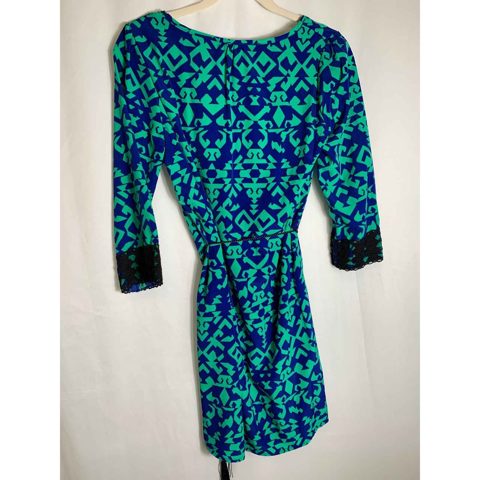Peach Love California Blue Green 3/4 Sleeve Belted Shift Dress Sz S